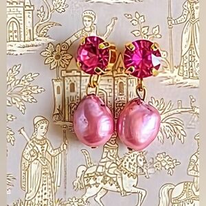Genuine Pink Ruby 2.55 Carats & Pink Baroque Drop Down 18K Gold Plated Earrings
